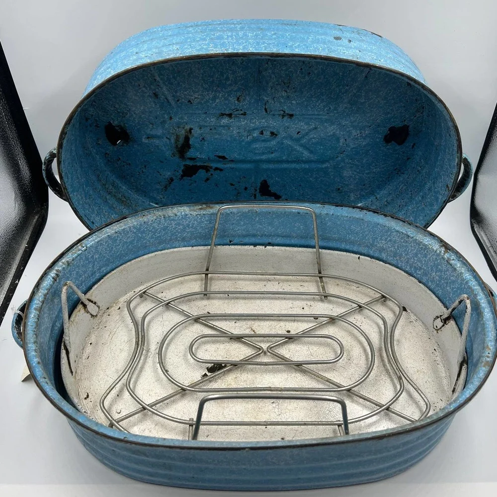 Antique Turquoise Cornflower Blue Large Roaster Rack Enamelware On Steel 4 Piece